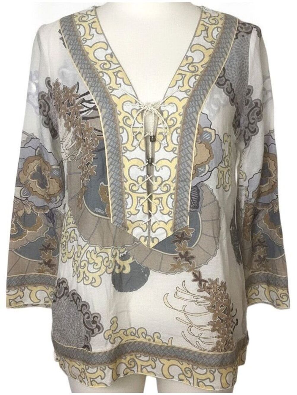 Hale Bob Cabana Cotton Silk Tunic Top Boho Medallion Floral Y2K XS Resort